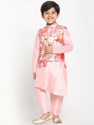 JBN CREATION Boy's Pink Asymmetric Kurta With Floral Printed Jacket And Pyjama Set