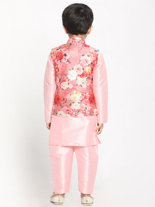 JBN CREATION Boy's Pink Asymmetric Kurta With Floral Printed Jacket And Pyjama Set