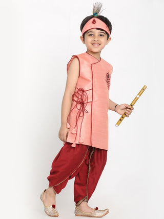 JBN Creation Boys' Silk Blend Krishna Style Kurta and Dhoti Pant Set with Mukut and Bansuri
