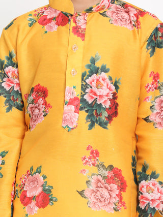 Vastramay Yellow Floral Printed Cotton Silk Siblings Set