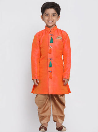 Boys' Orange Cotton Silk Blend Kurta and Dhoti Pant Set