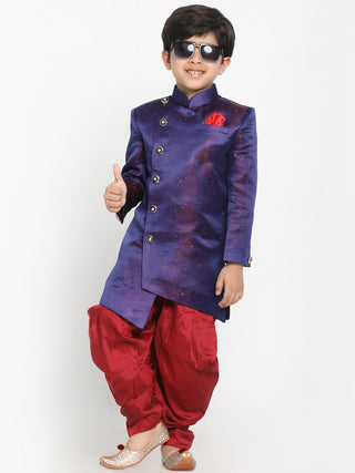 Vastramay Boys' Blue And Maroon Silk Blend Indowestern Sherwani And Dhoti Set