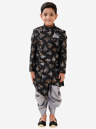 VASTRAMAY Boys Black And Grey Angrakha Style Indowestern Sherwani And Dhoti Set