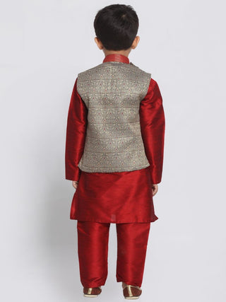 Boys' Maroon Cotton Silk Blend Kurta, Waistcoat and Pyjama Set