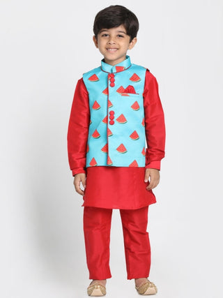 Boys' Red Cotton Silk Blend Kurta, Waistcoat and Pyjama Set