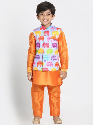 Boys' Orange Cotton Silk Blend Kurta, Waistcoat and Pyjama Set