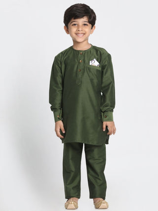 Boys' Dark Green Cotton Silk Blend Kurta, Waistcoat and Pyjama Set