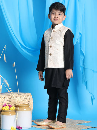 VASTRAMAY Boy's Beige Embroidered Nehru Jacket With Black Kurta Pyjama Set