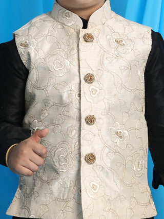 VASTRAMAY Boy's Beige Embroidered Nehru Jacket With Black Kurta And Maroon Dhoti Set