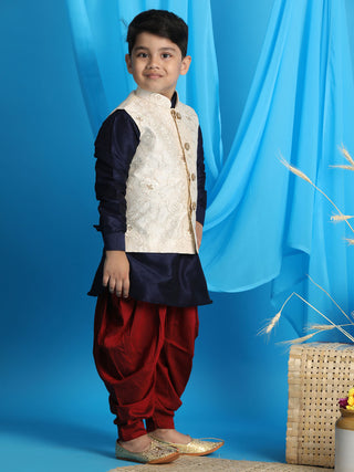 VASTRAMAY Boy's Beige Embroidered Nehru Jacket With Blue Kurta And Maroon Dhoti Set