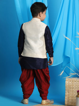 VASTRAMAY Boy's Beige Embroidered Nehru Jacket With Blue Kurta And Maroon Dhoti Set