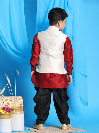 VASTRAMAY Boy's Beige Embroidered Nehru Jacket With Maroon Kurta And Black Dhoti Set