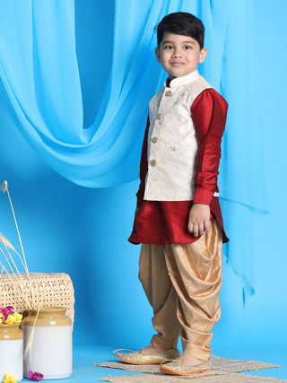 VASTRAMAY Boy's Beige Embroidered Nehru Jacket With Maroon Kurta And Rose Gold Dhoti Set