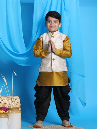 VASTRAMAY Boy's Beige Embroidered Nehru Jacket With Mustard Kurta And Black Dhoti Set