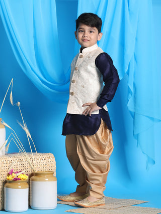 Vastramay Boy's Beige Embroidered Nehru Jacket With Navy Blue Kurta And Rose Gold Dhoti Set