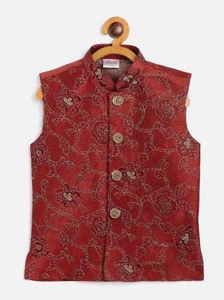 JBN CREATION Boy's Maroon Silk Blend Embroidered Nehru Jacket