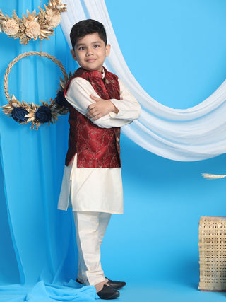 JBN CREATION Boy's Maroon Nehru Jacket With Cream Kurta And Pyjama Set