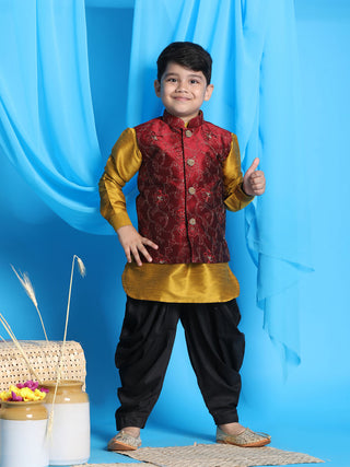 JBN CREATION Boy's Maroon Embroidered Nehru Jacket With Mustard Kurta And Black Dhoti Set