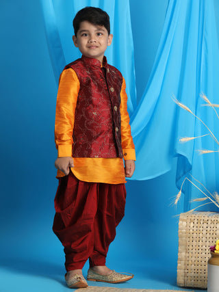 JBN CREATION Boy's Maroon Embroidered Nehru Jacket With Orange Kurta And Maroon Dhoti Set