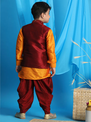 JBN CREATION Boy's Maroon Embroidered Nehru Jacket With Orange Kurta And Maroon Dhoti Set