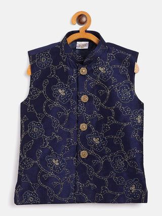 Vastramay Boy's Navy Blue Silk Blend Embroidered Nehru Jacket