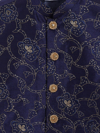 JBN CREATION Boy's Navy Blue Silk Blend Embroidered Nehru Jacket