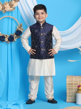 JBN CREATION Boy's Navy Blue Nehru Jacket With Cream Kurta And Pyjama Set