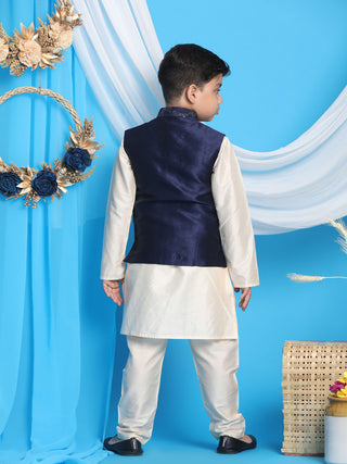 JBN CREATION Boy's Navy Blue Nehru Jacket With Cream Kurta And Pyjama Set