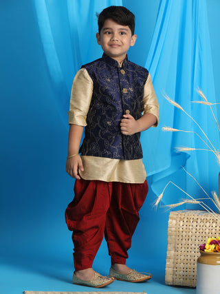 JBN CREATION Boy's Navy Blue Embroidered Nehru Jacket With Gold Kurta And Maroon Dhoti Set