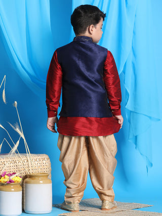 JBN CREATION Boy's Navy Blue Embroidered Nehru Jacket With Maroon Kurta And Rose Gold Dhoti Set