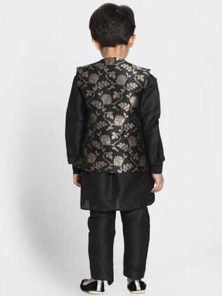Boys' Black Cotton Silk Blend Kurta, Waistcoat and Pyjama Set