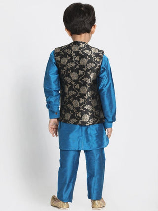 Boys' Light Blue Cotton Silk Blend Kurta, Waistcoat and Pyjama Set