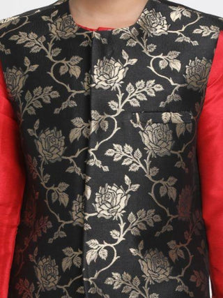 Boys' Red Cotton Silk Blend Kurta, Waistcoat and Pyjama Set