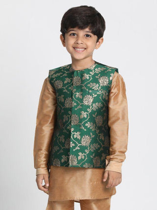 Boys' Dark Green Cotton Silk Blend Nehru Jacket