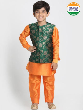 Boys' Orange Cotton Silk Blend Kurta, Waistcoat and Pyjama Set