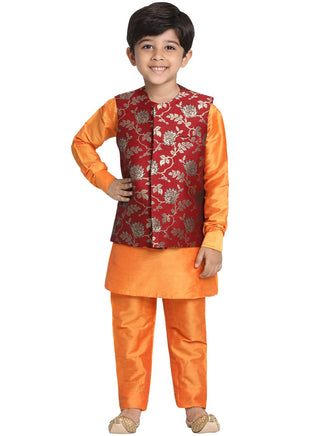 JBN CREATION Boys' Orange Cotton Silk Blend Kurta, Nehru Jacket and Pyjama Set