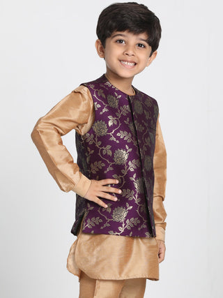 Boys' Gold Cotton Silk Blend Kurta, Nehru Jacket and Pyjama Set