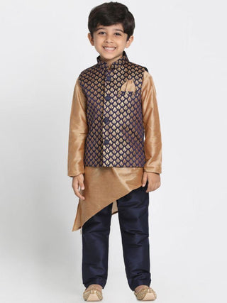 Boys' Gold Cotton Silk Blend Kurta, Waistcoat and Pyjama Set