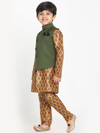 JBN CREATION Boy's Green Twill Jacket, Printed Kurta and Pyjama Set