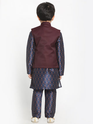JBN CREATION Boy's Maroon Twill Jacket, Printed Kurta and Pyjama Set