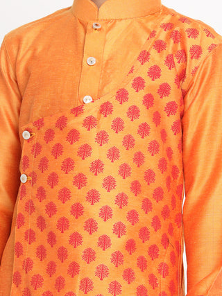 VASTRAMAY Baap Beta Orange Silk Blend Printed Angrakha Design Kurta Pyjama Set
