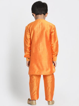 Boys' Orange Cotton Silk Blend Kurta and Pyjama Set
