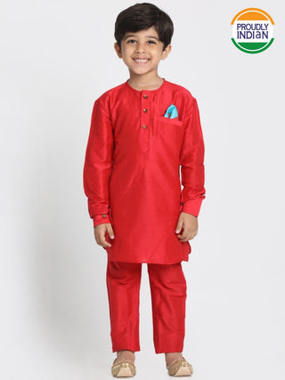 Boys' Red Cotton Silk Blend Kurta and Pyjama Set