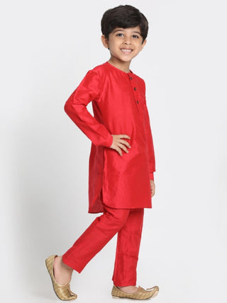 Boys' Red Cotton Silk Blend Kurta and Pyjama Set