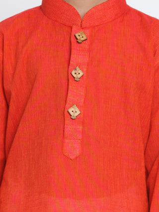 VASTRAMAY Orange Handloom Cotton Striped Siblings Set