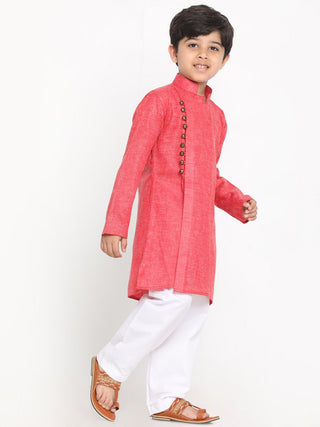 VASTRAMAY Boys' Red Cotton Blend Kurta and Pyjama Set