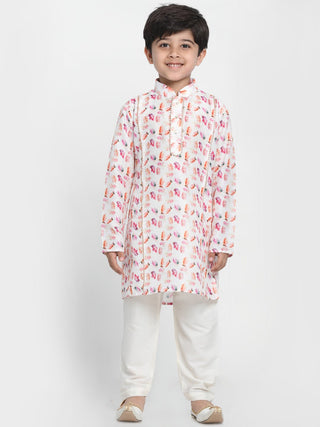 VASTRAMAY Boy's  Multicolor-Base-White Cotton Blend Kurta and Pyjama Set