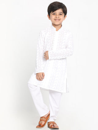 VASTRAMAY White Pure Cotton Chikankari Kurta Pyjama Baap Beta Set