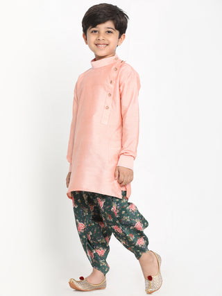 JBN Creation Boy's Rose Pink Angrakha Kurta Floral Printed Dhoti Set