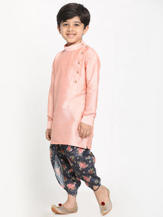 JBN CREATION Boy's Rose Pink Angrakha Kurta Floral Printed Dhoti Set